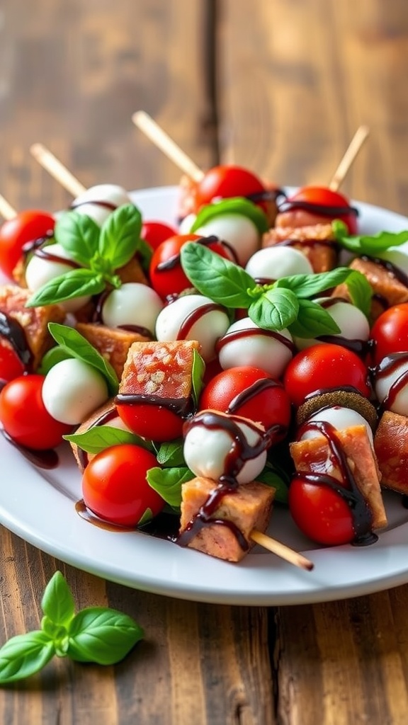 A colorful display of Tuna Caprese Skewers with tuna, tomatoes, mozzarella, and basil, garnished with balsamic glaze.